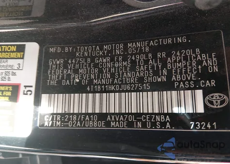 2018 Toyota Camry Le z USA, uszkodzony, nr VIN 4T1B11HK0JU627515